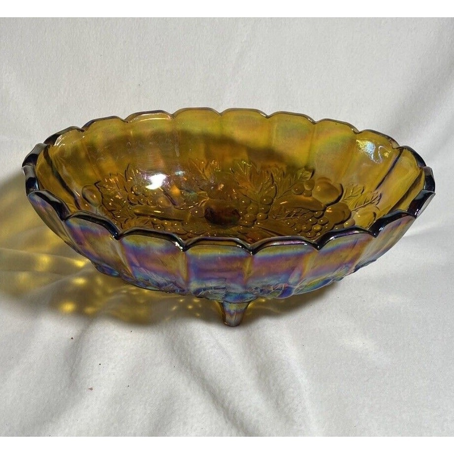 Vintage Indiana Carnival Glass 12″ Oval Scallop Fruit Bowl Marigold