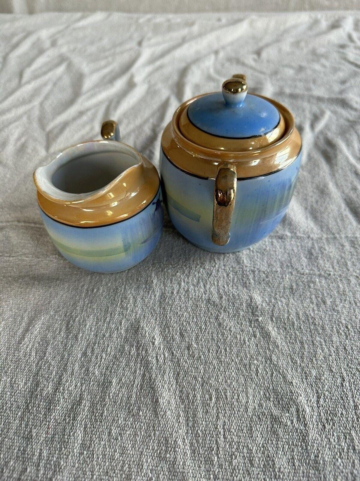 VTG Creamer and Sugar Bowl Japan Lake Trees Windmill Blue Orange Gold Trim