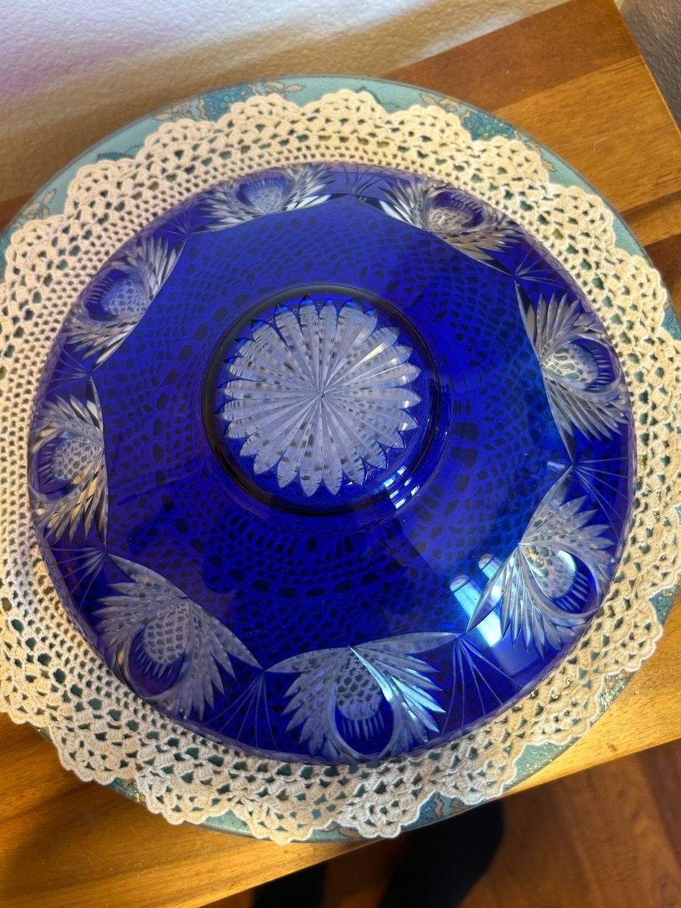 Rare VTG Cobalt Blue Crystal Bohemian Cut-to-Clear Bowl D-9.75″