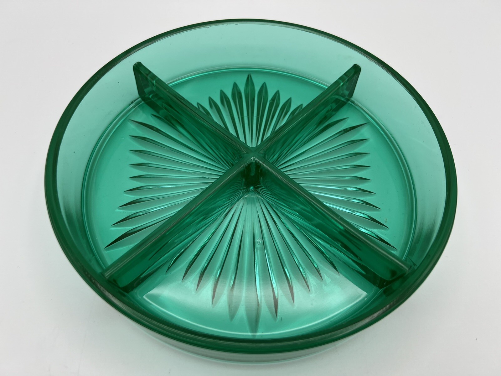 Uranium Glass Emerald Green Divided Relish Nut Dish Metal Silver Basket 8” VNTG