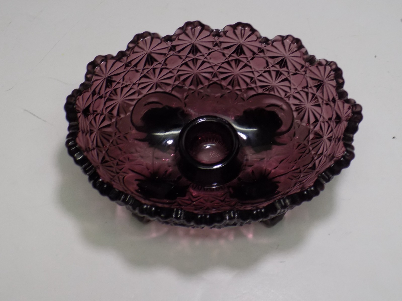 LG Wright Daisy & Button Purple Amethyst Glass 4 Scroll Footed Candle Bowl