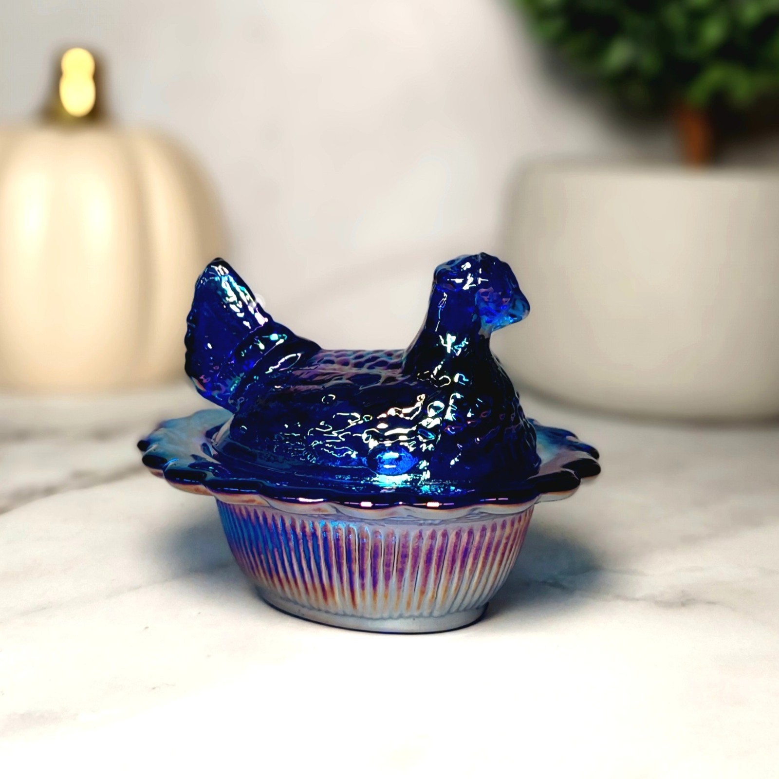 Mosser Cobalt Blue Carnival Glass Hen on Nest Salt Dish, Mini Chicken, VTG Style