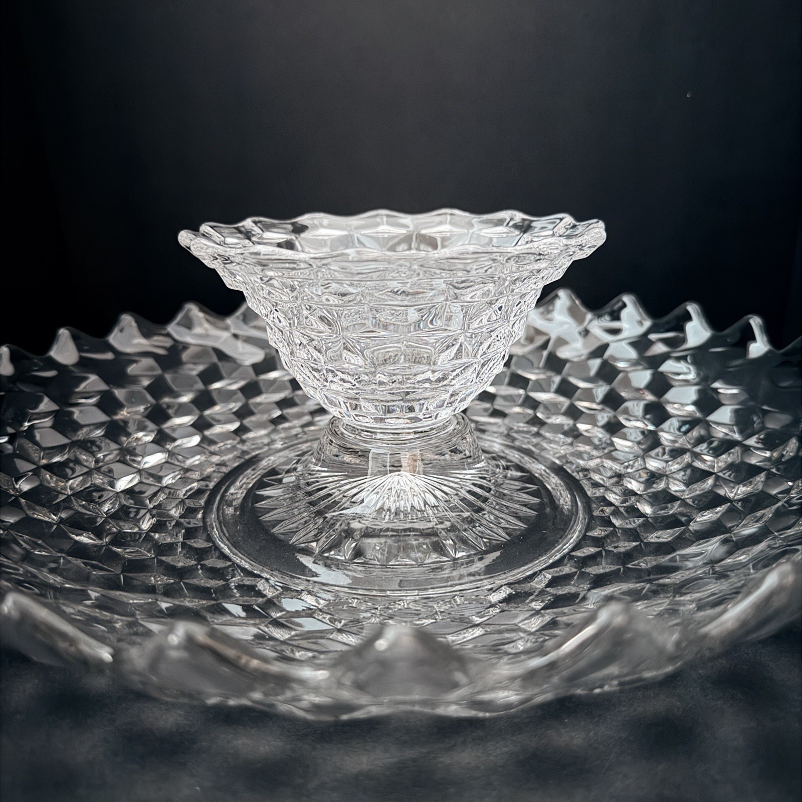 Rare Vtg American Clear by Fostoria Shrimp & Dip bowl (chip ‘n dip) 13″ x 4.25”