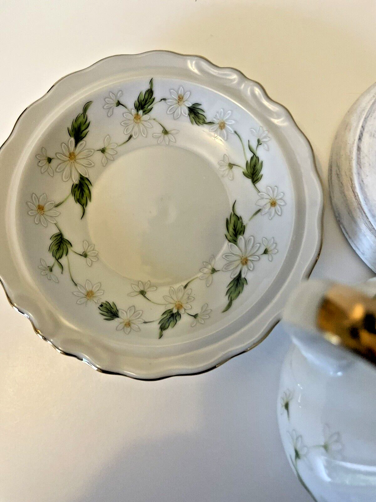 1987 Lefton China miniature pitcher creamer saucer White Daisy Floral Gold Trim