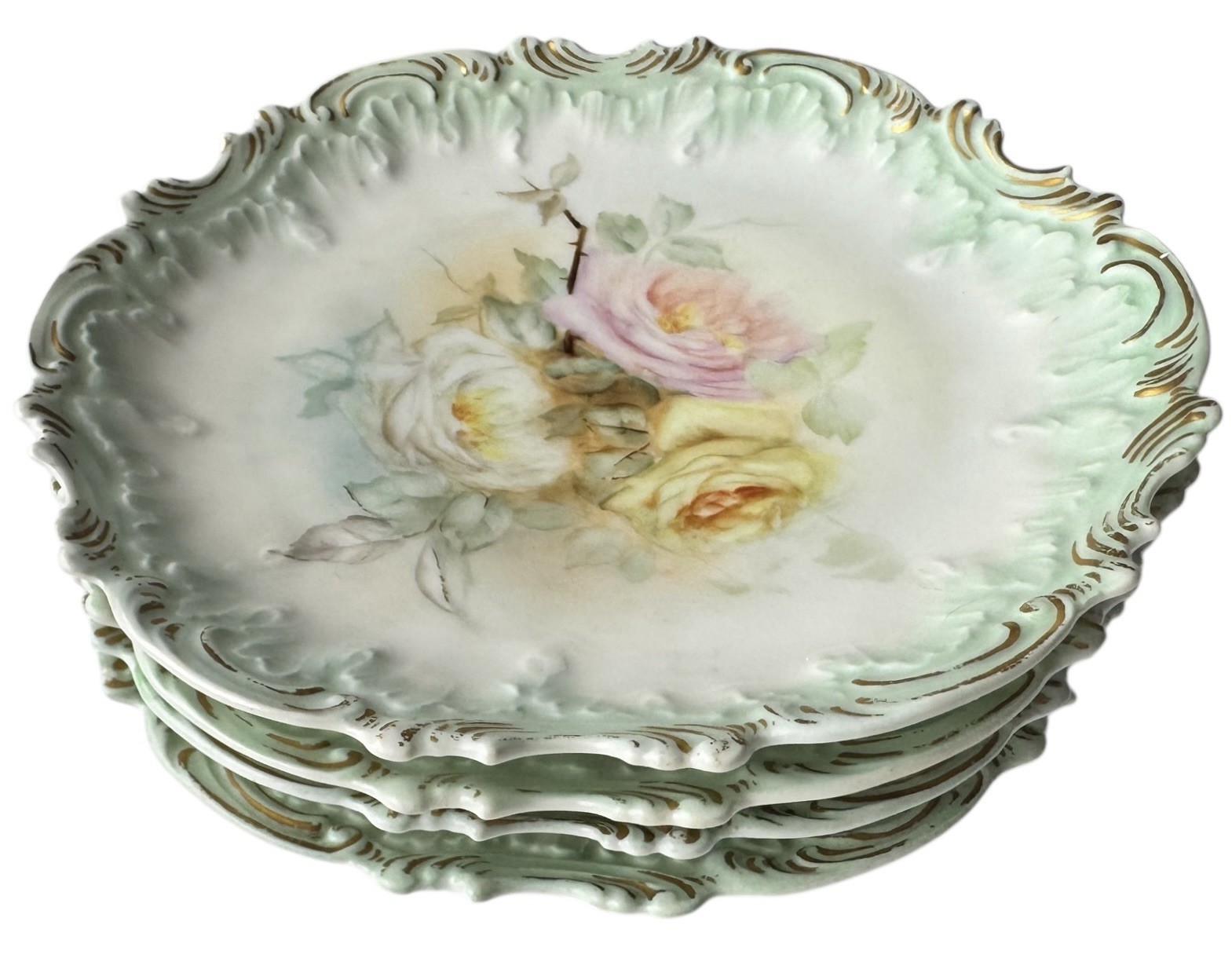 Antique Limoges France Plate Set 4 Hand Painted 1899 Scalloped Embossed Floral