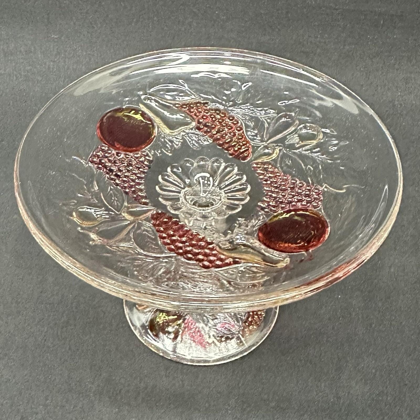 Westmoreland Della Robbia 6″ Ruby Flashed Glass Compote w/Embossed Fruit Vintage