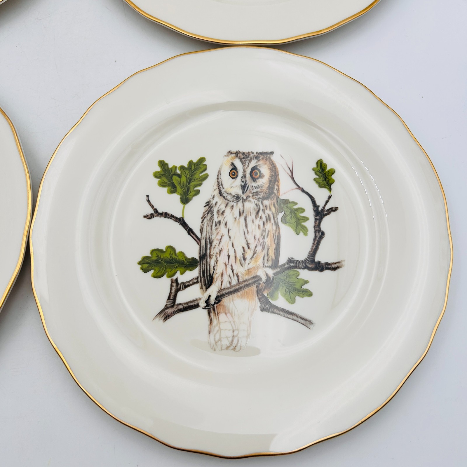 Vintage Pickard 4 Decorative Owls Plates Gold Trim Hangers MCM Birds Wall Art
