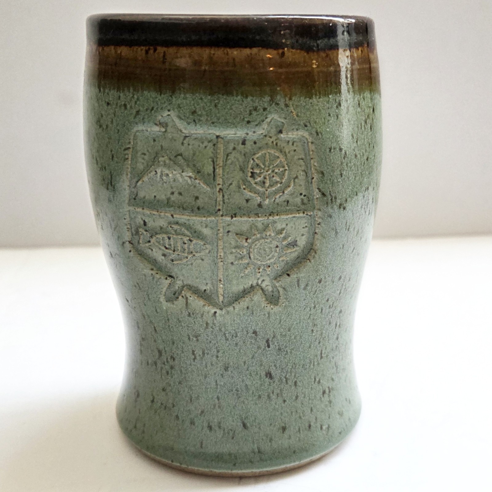 Moza Studio Pottery Mug Artist Theresa Murray Hand Stamped Nature Theme 5″ Tall