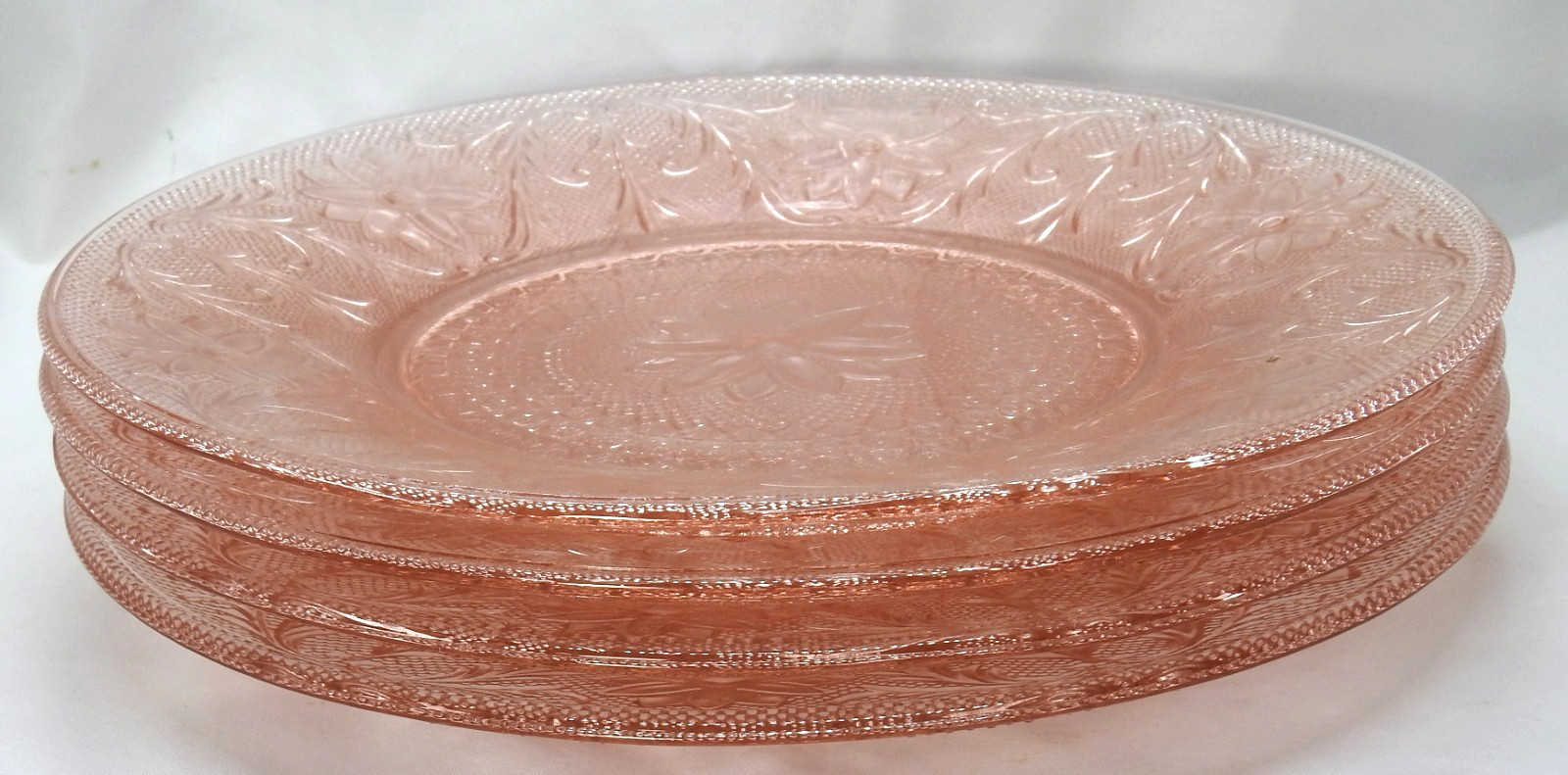 Set 4 Tiara PINK Sandwich Indiana Glass 10 3/8″ Round DINNER PLATES EUC