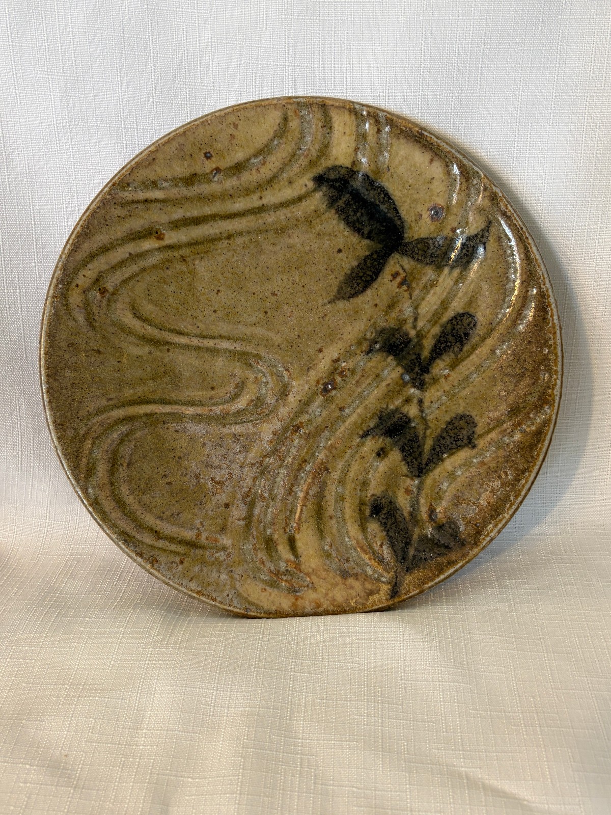 Michael Kline (NC) Studio Pottery Plate 7.5 Inches, Green/Tan/Brown Leaves XLII