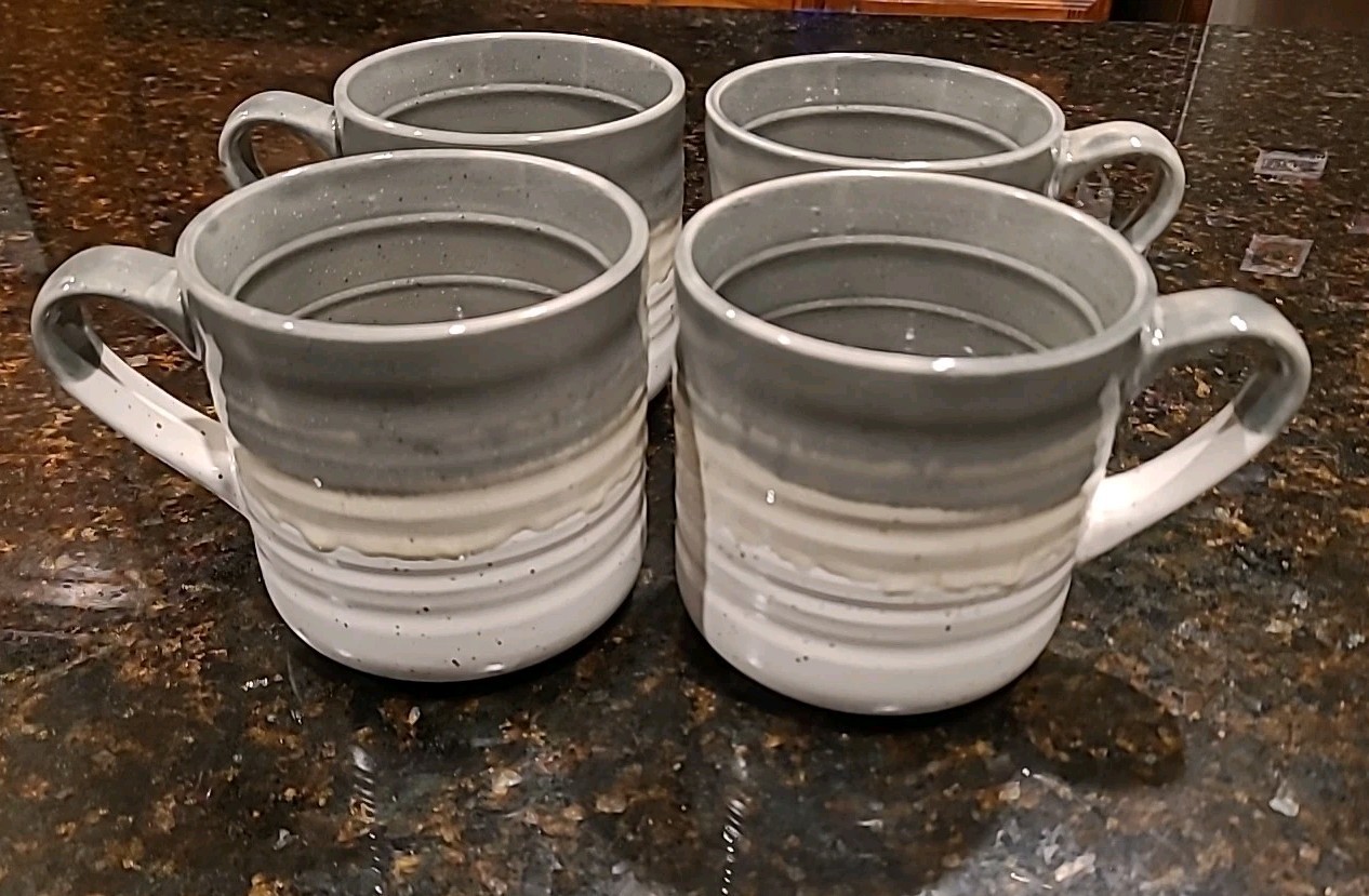 SET (4) Baum HEARTH Drip Glaze Gray Stoneware 15 oz Coffee Mugs