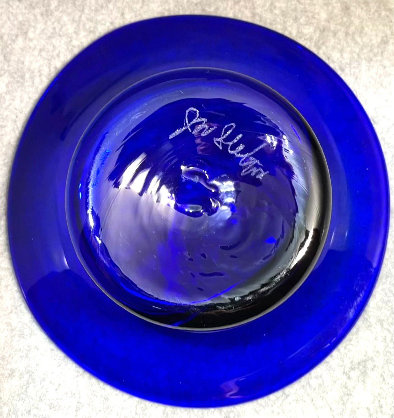 JW Shelton Cobalt Blue Glass Footed Candy Dish Bowl Asymmetrical Signed 5.5×2″
