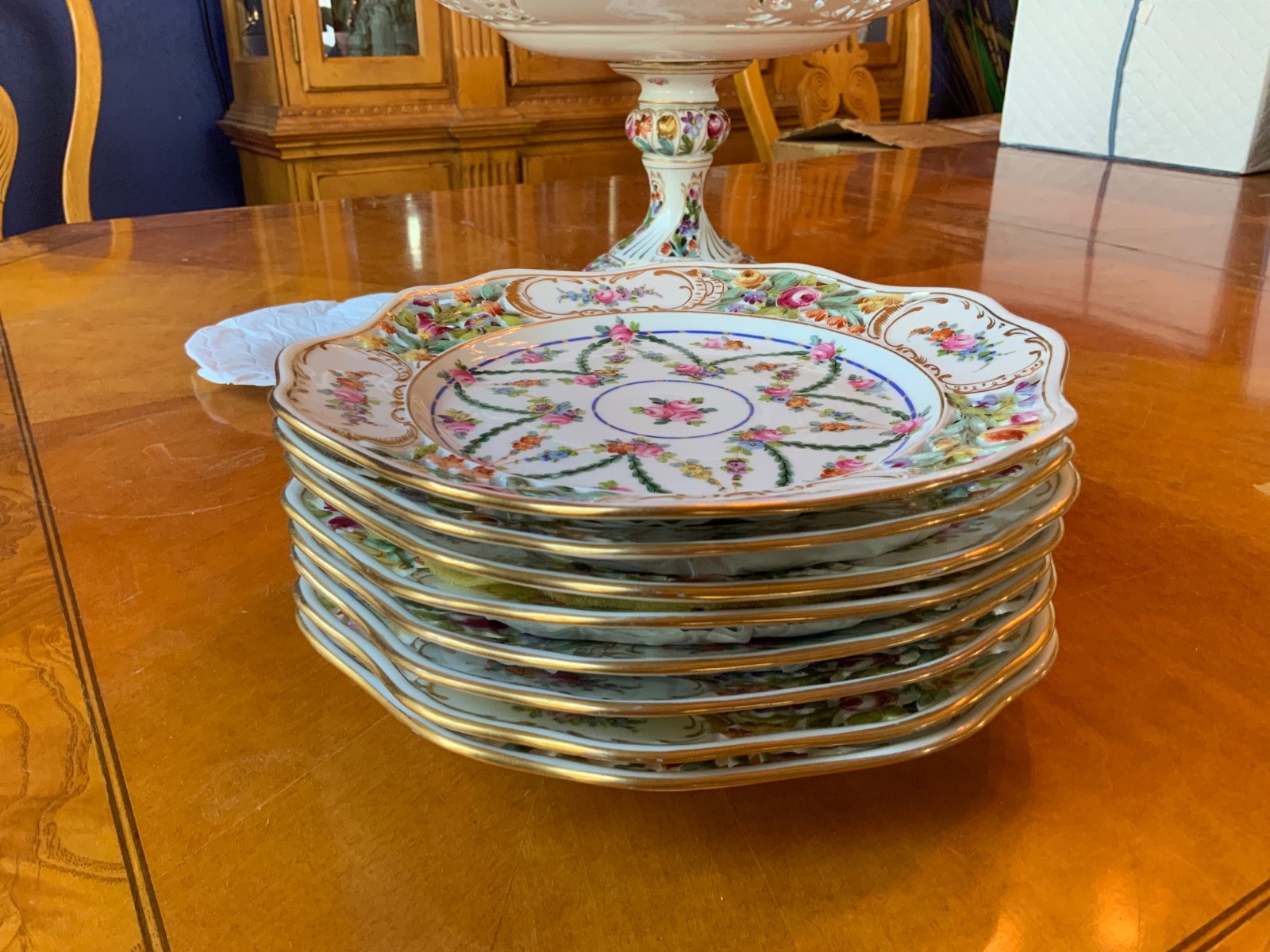Antique Carl Thieme Dresden Basketweave Dessert Service – 8 Plates & Compote
