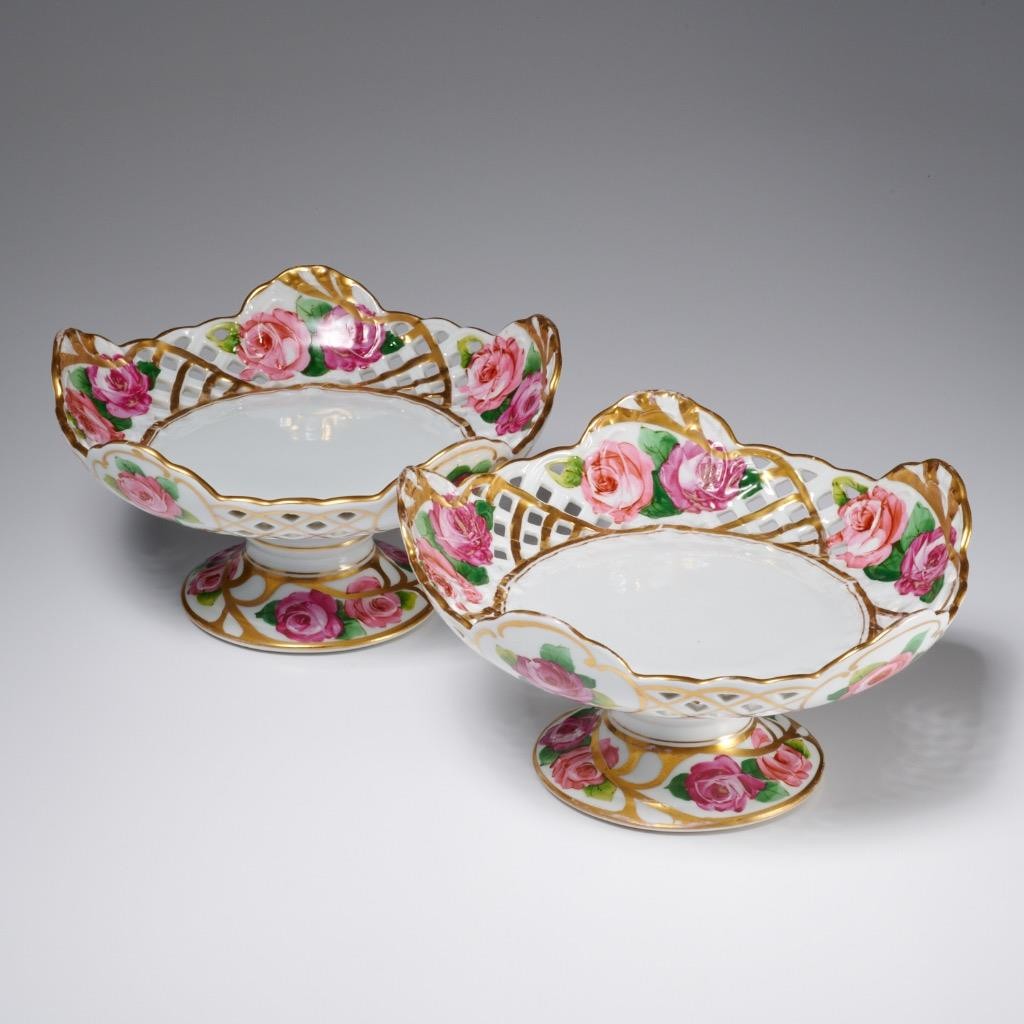 Saxe Germany Reticulated Pink Rose Porcelain Pedestal Compote Bowl Dish 9″ Pair