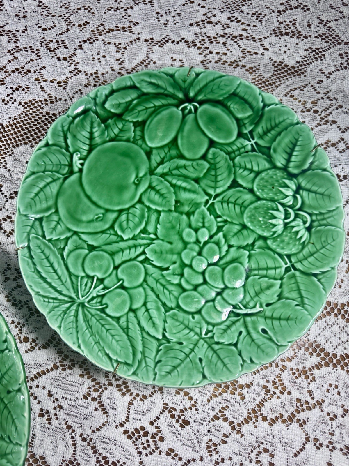 Pair Sarreguemines France Green Majolica Fruit Wall Plates 12” Vintage Decor