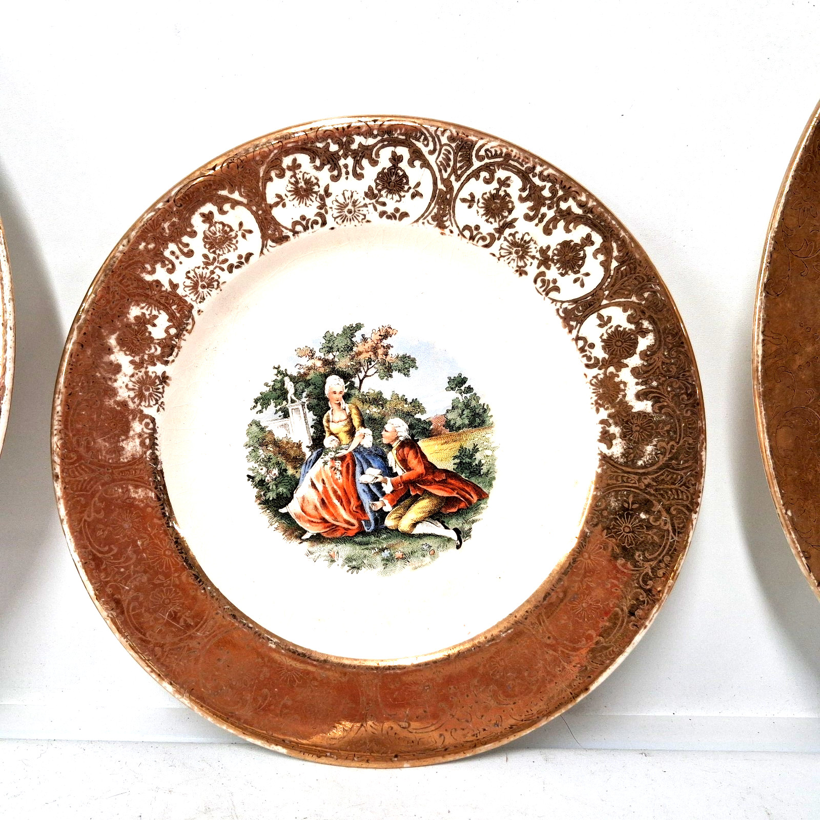 Sabin Crest O Gold Plates 22K Gold Trim Pastoral Scene Vintage China Set