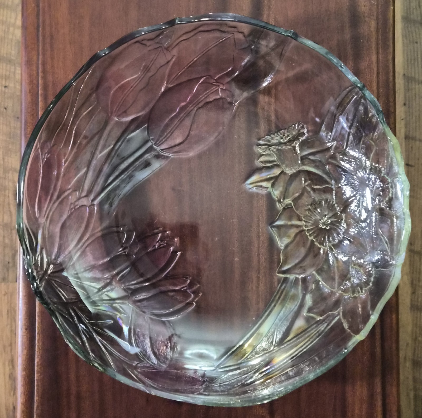 Vintage 13” CRYSTAL Round platter “BLOSSOM” Iridescent Colorful Design