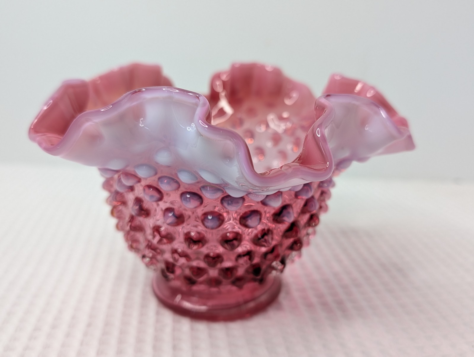Fenton Cranberry Opalescent Candy Bowl Dish Hobnail Ruffled Vtg Snap Ring Marks