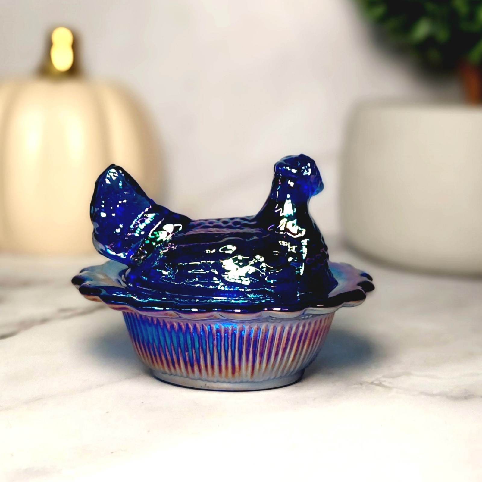 Mosser Cobalt Blue Carnival Glass Hen on Nest Salt Dish, Mini Chicken, VTG Style