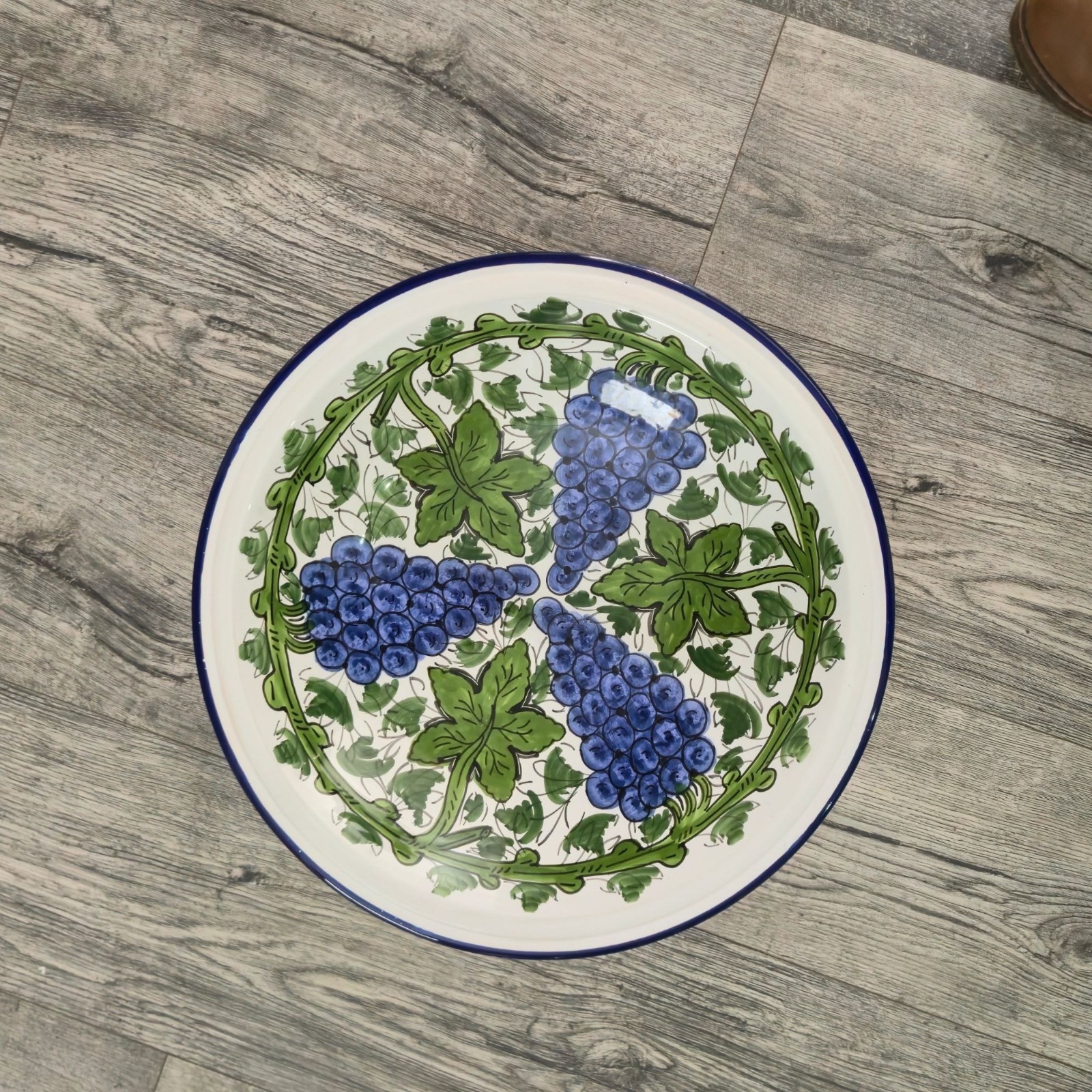 Vintage Le Souk Ceramique Tunisian Hand-Painted Pottery Bowl Blue Grapes Leaves