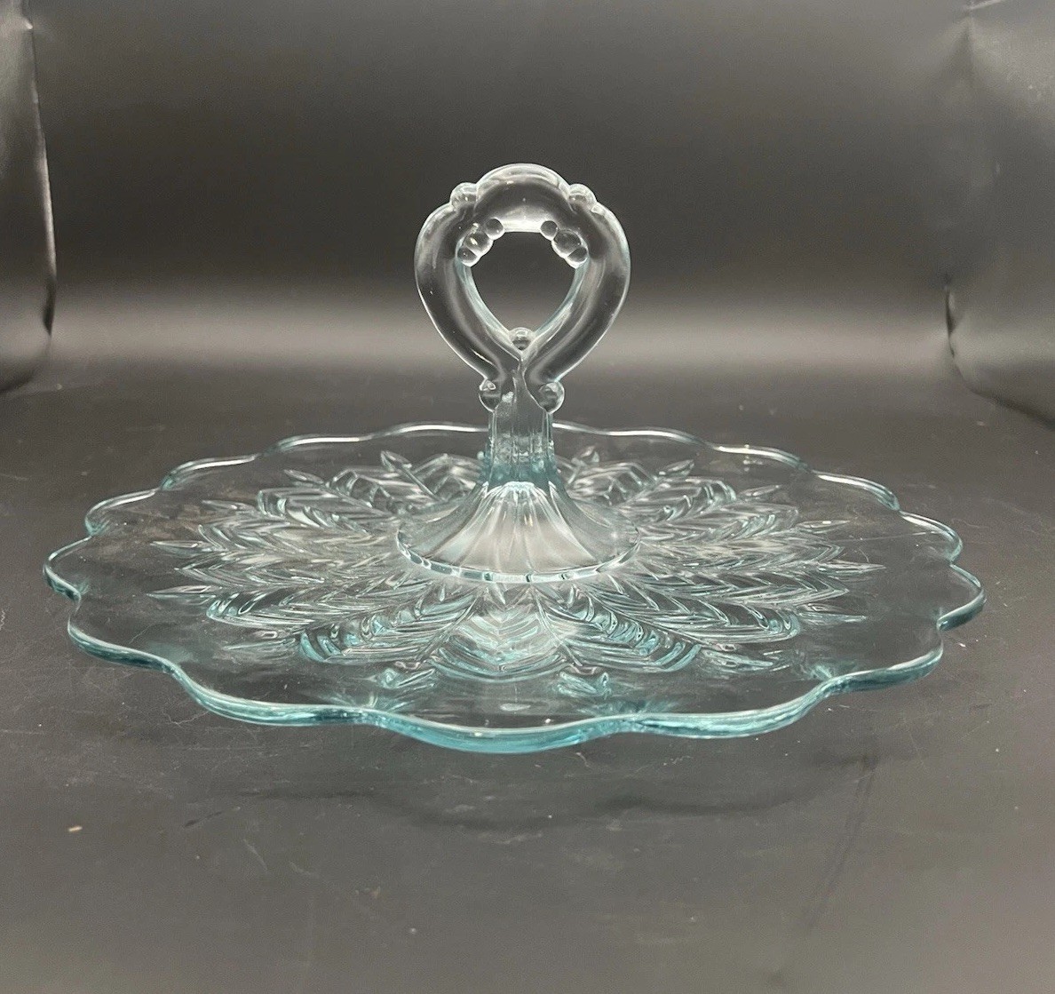 Jeanette Serving Tidbit Tray Glass Feather Light Blue Keyhole Handle Vintage