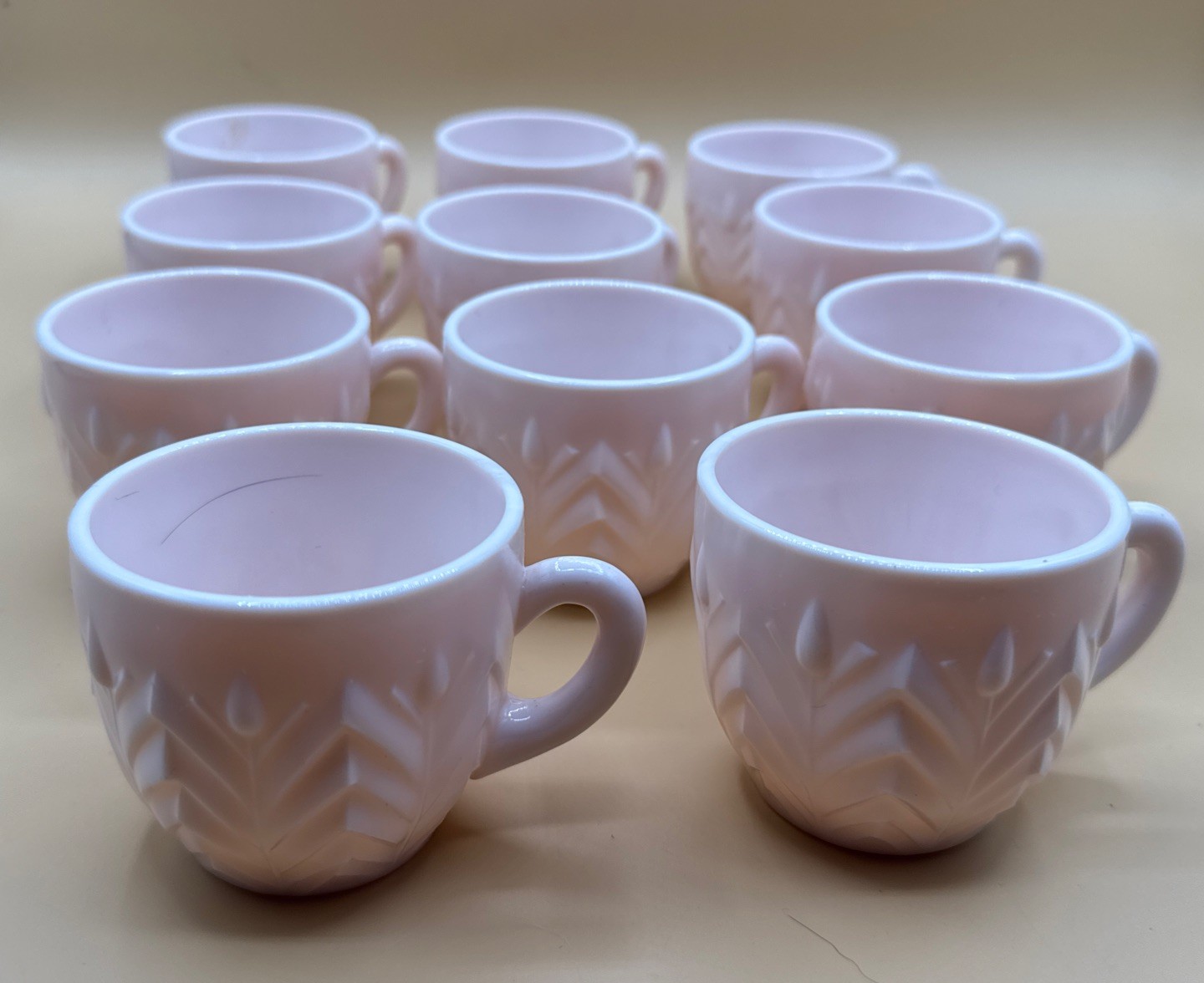 Jeannette Shell Pink Milk Glass Feather Pattern Set of 11 Mid-Century Modern