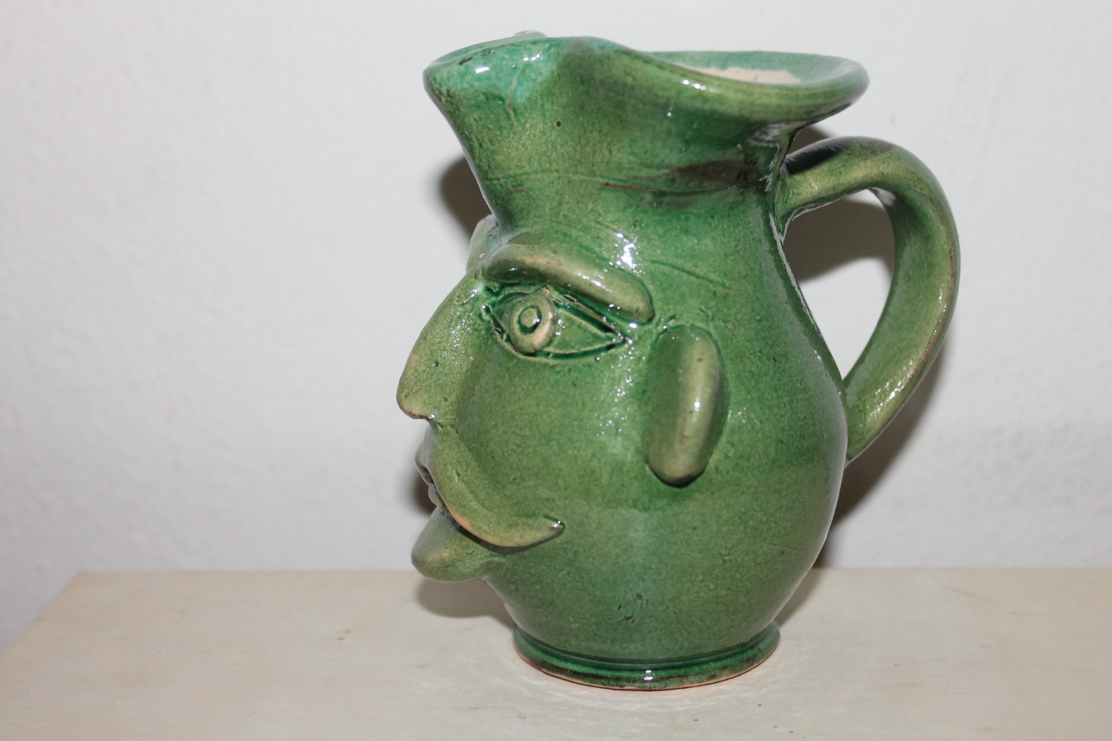 Vintage Green Southern Folk Art Face Jug Pitcher B5