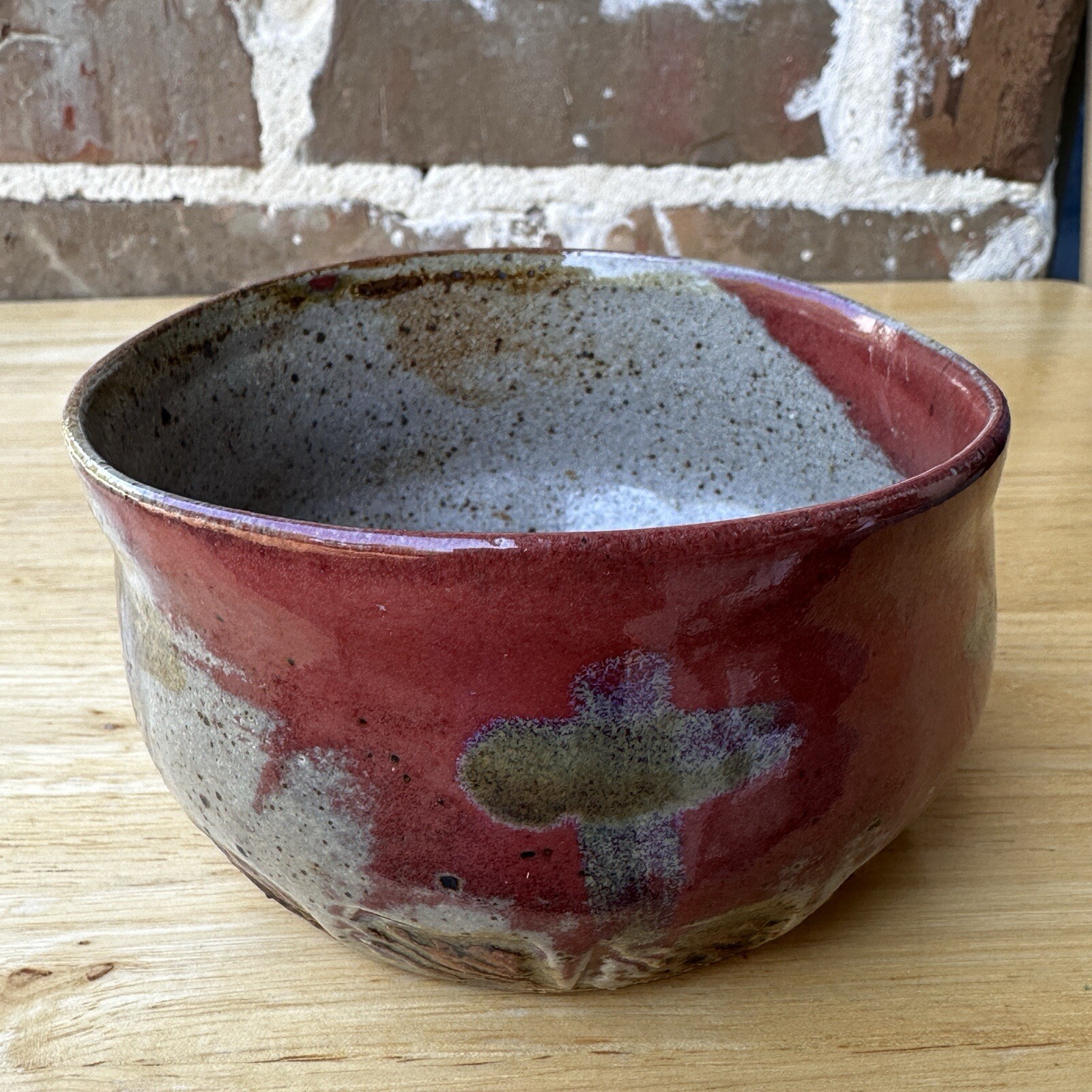 Empty Bowls Art Pottery Bowl 4.5×2.75 Inch Red Beige Cross Motif Speckled Signed