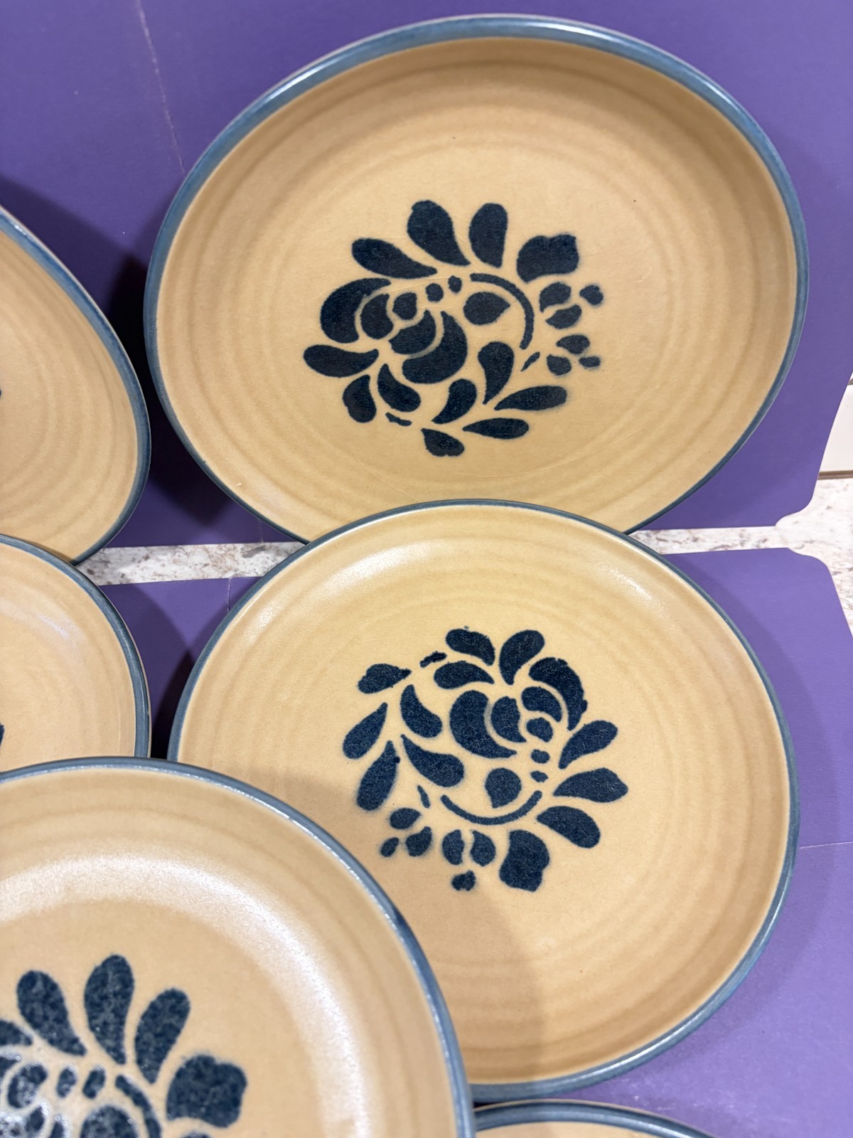 Pfaltzgraff FOLK ART Set of 7 Salad Plates Stoneware USA ~ Incised Castle Mark