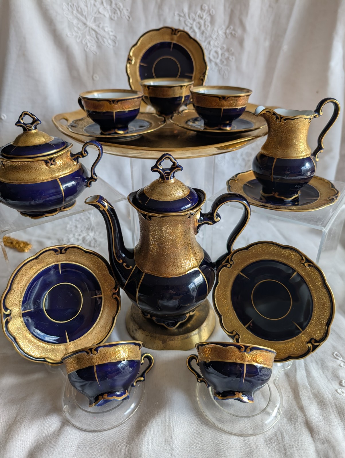 VINTAGE GRAF VON HENNEBERG PORZELLAN ILMENAU GERMANY ECHT KOBALT COFFEE SET 15pc