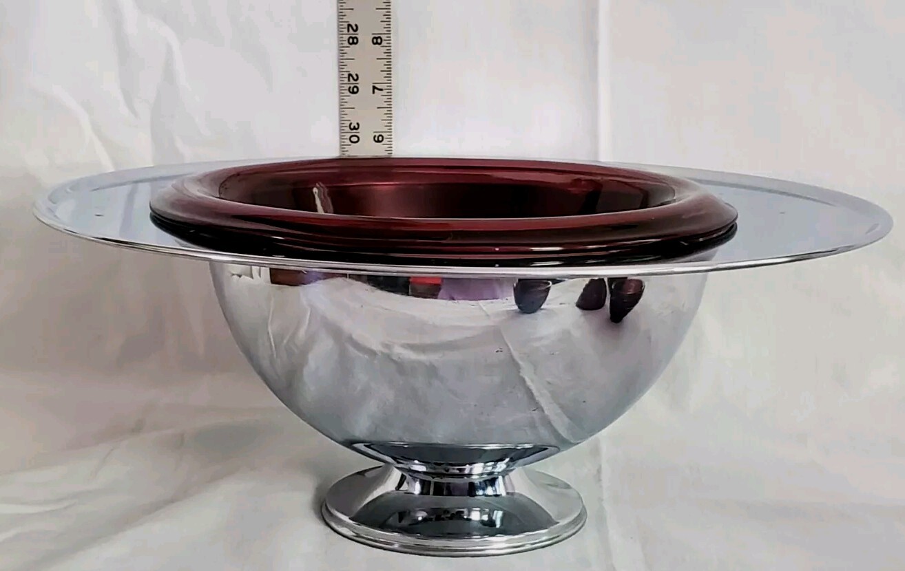 Vtg 30’s Hazel Atlas Purple Amethyst Punch Bowl Chrome Art Deco Moderntone Cups