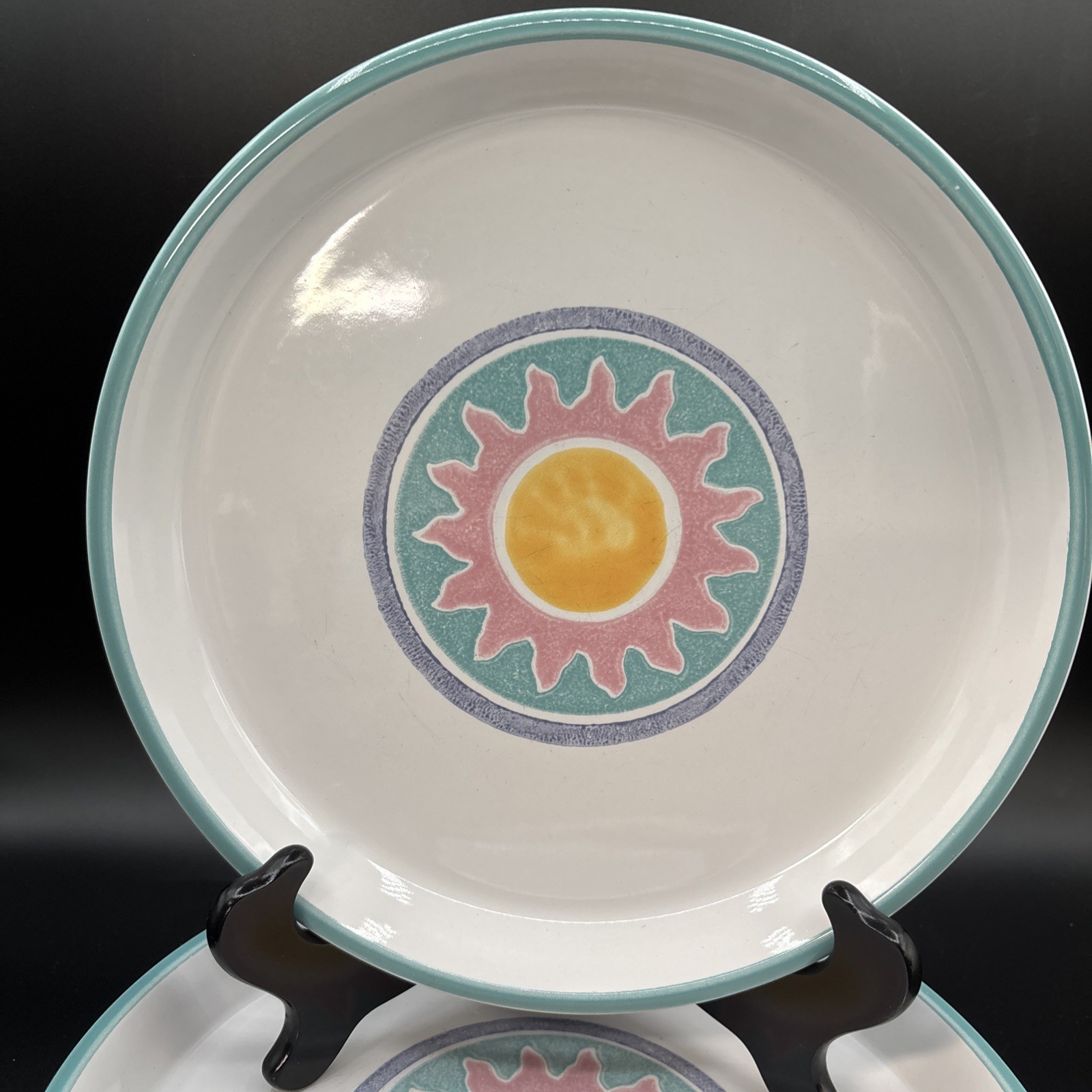 Set Of 5 Dansk Japan COSTA DEL SOL Dinner Plates 10 3/8″ Pink & Yellow Sunburst