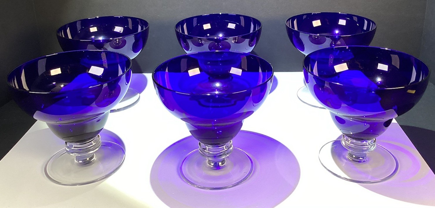 6 Deco Style Cobalt Blue Clear Footed Dessert Sherbet Ice Cream Bowls