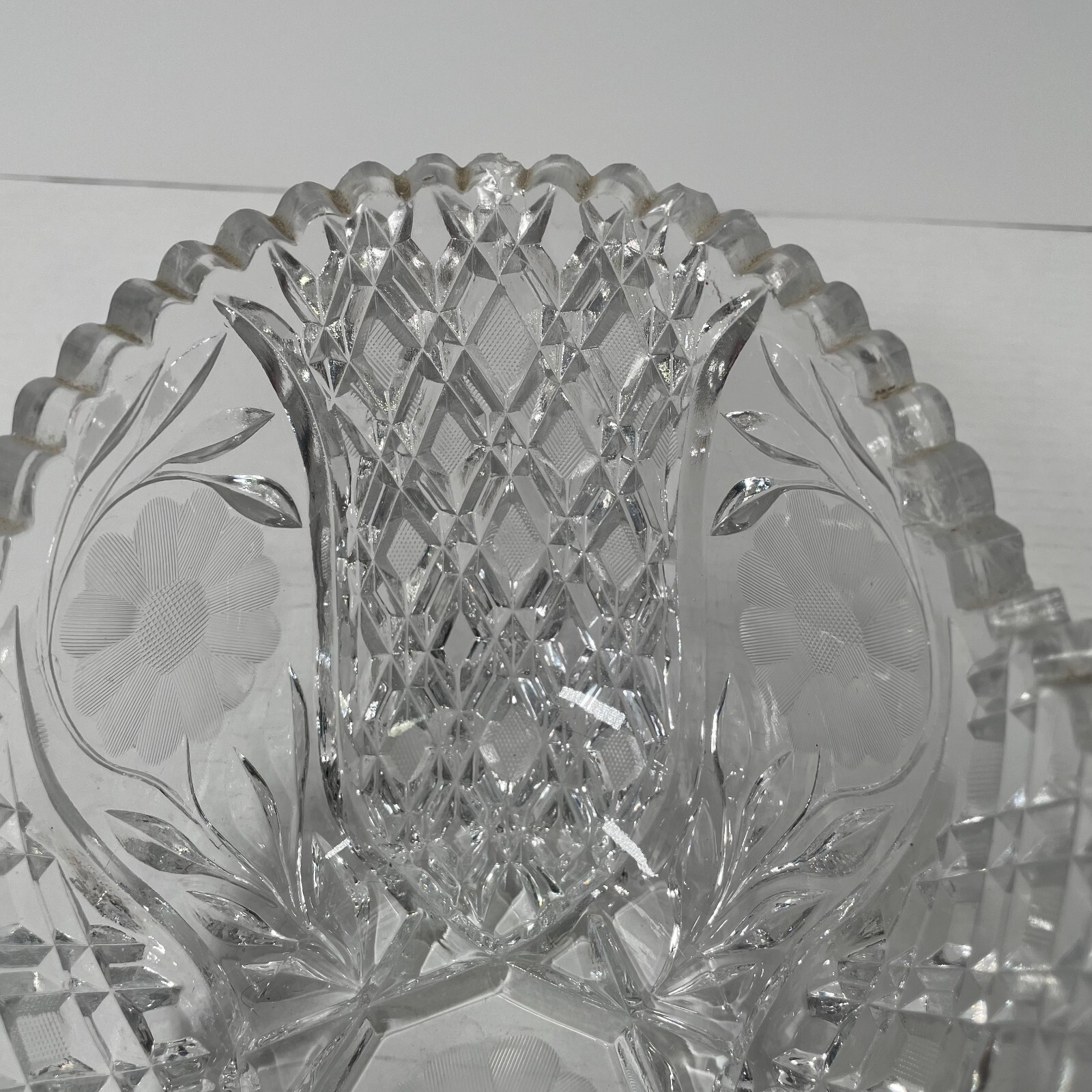 Brilliant Cut Glass Oval Bowl -Floral – 8 in. x 5.75 in. x 4.75 in. Sawtooth Rim