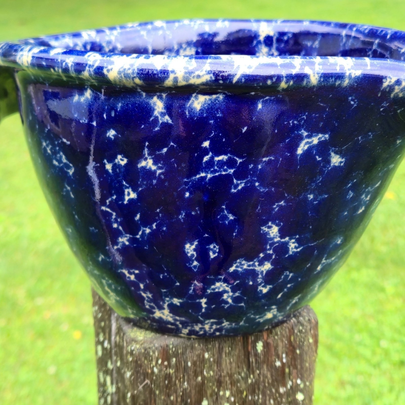 VTG Bennington Potters Blue Agate Batter Bowl Spongeware Stoneware Vermont USA