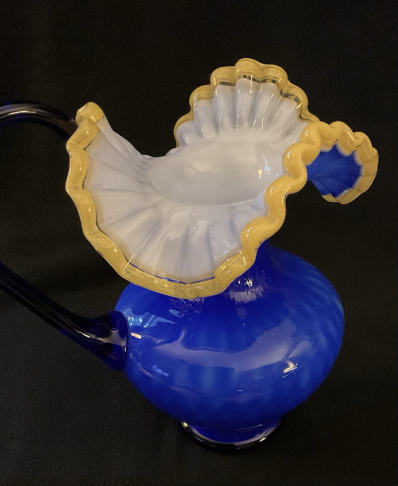 2 MCM Arte Murano Kristall Mery Cobalt Blue Pitcher W/Yellow Ruffled Rim 8.5