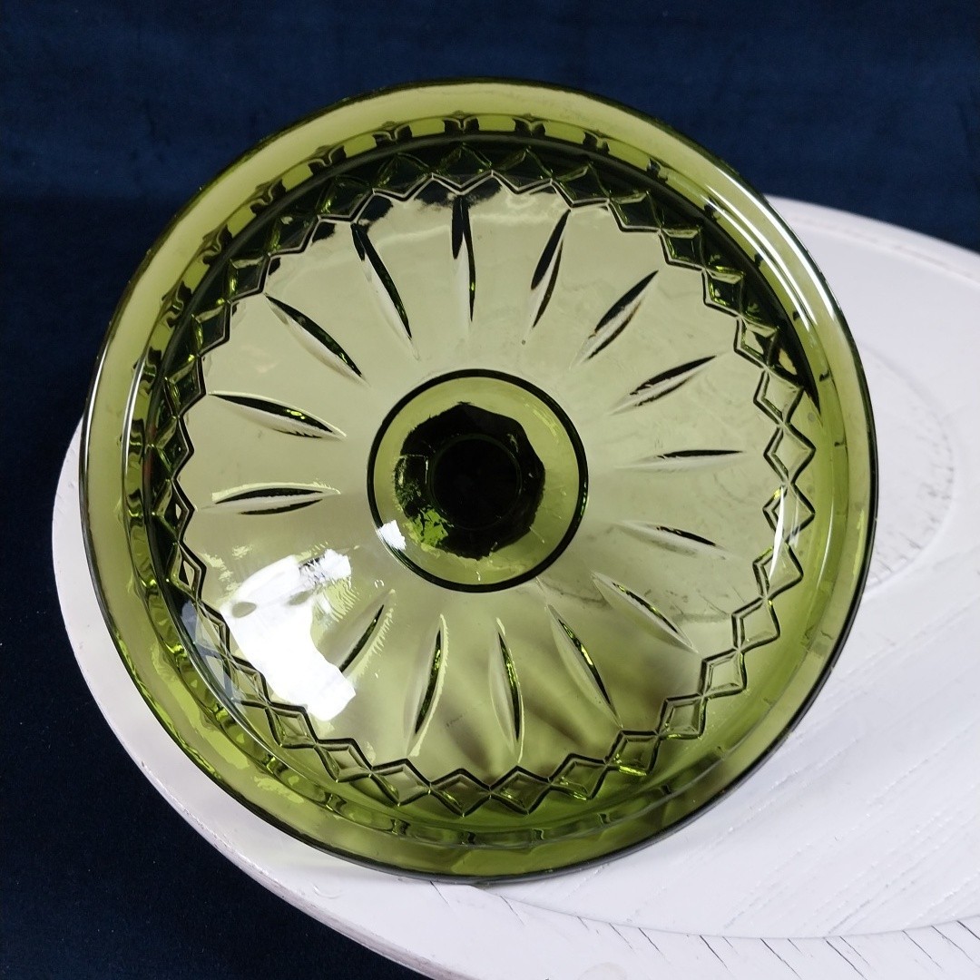 Vintage Indiana Glass Princess Pattern Dark Green Lidded Candy Dish