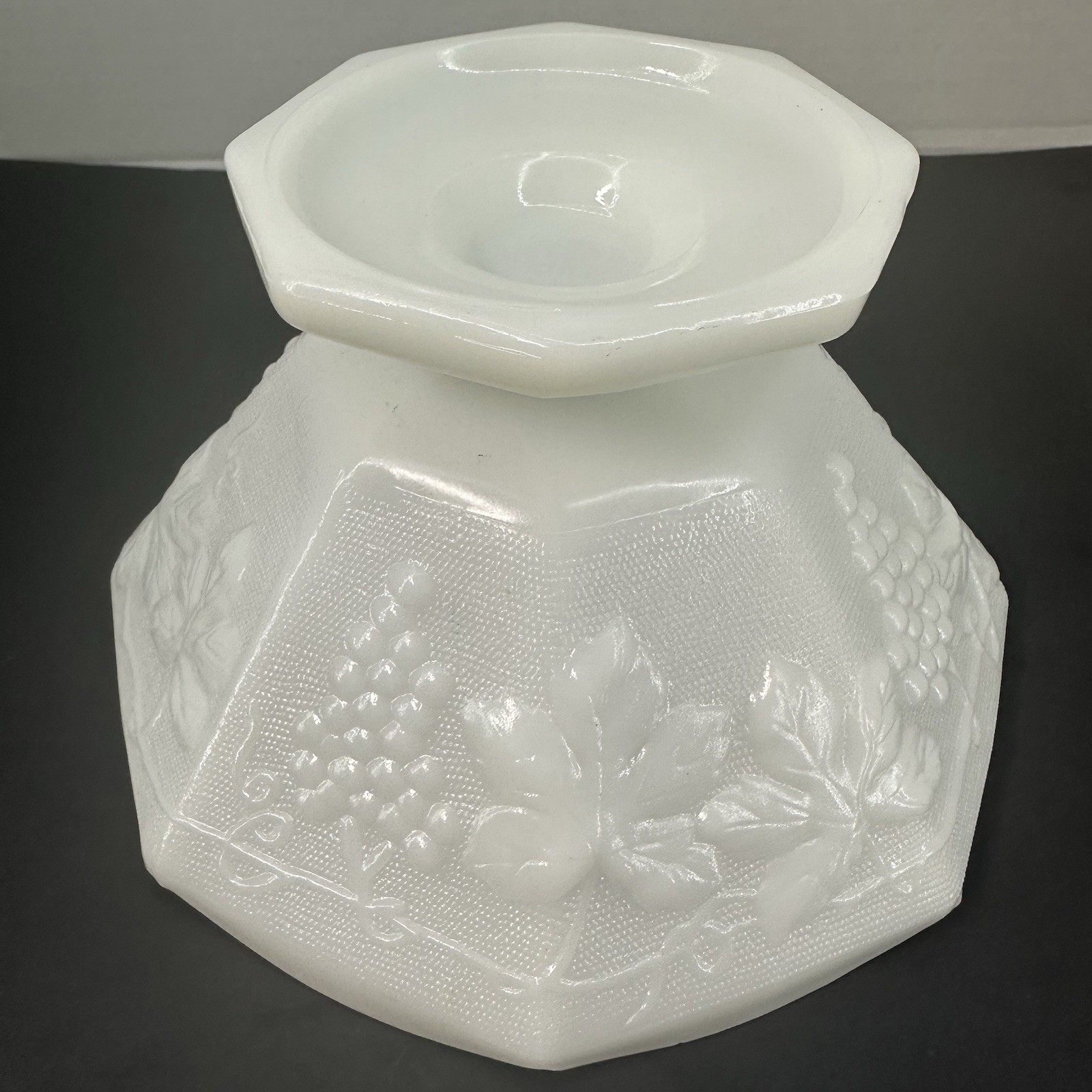 Milk Glass Grapes and Leaves Footed Pedestal Fruit Bowl Octagon 9″