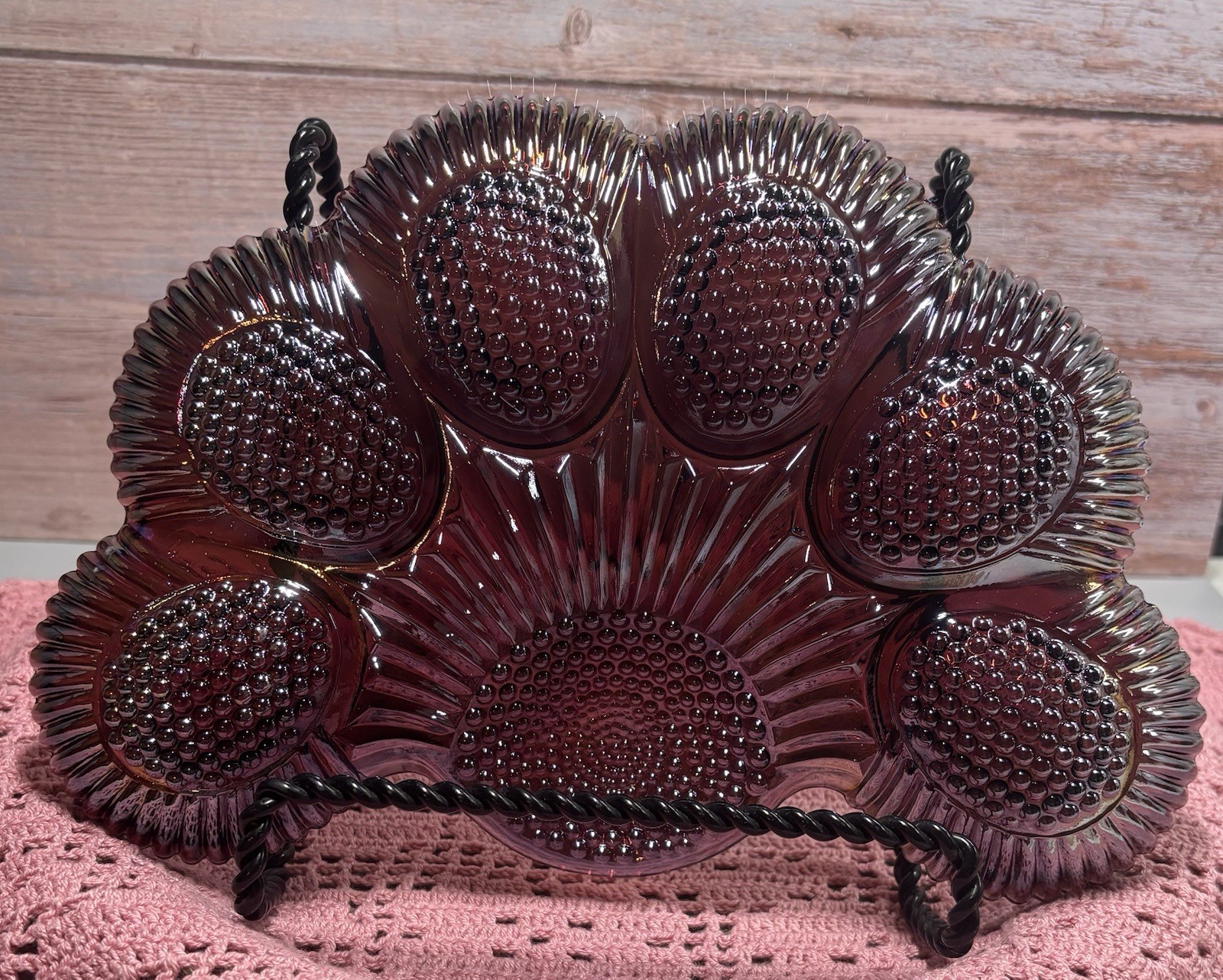 Vintage LE Smith Carnival Deviled Egg Tray | Plate | Tray Amethyst Glass Hobnail