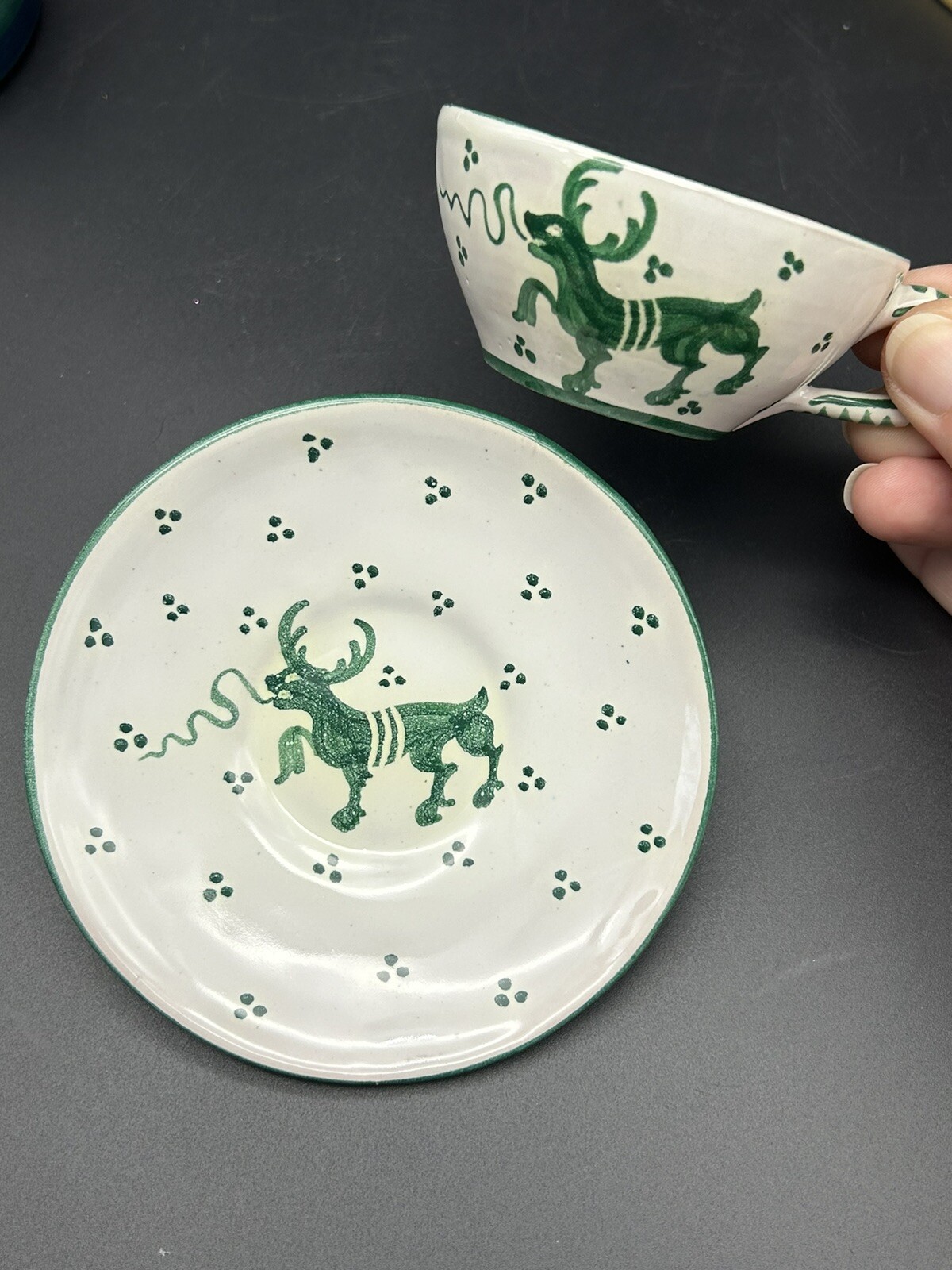 Vintage Italy SA Cup and Saucer Handpainted Pottery Green Stag Deer Artisan Set