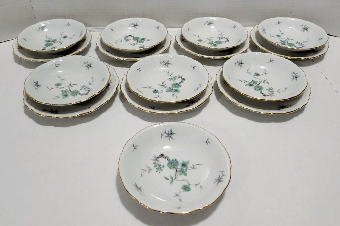 Antique 1920 Mitterteich Germany Green Ming 8 Dessert Bowls and 7 Saucer Plates