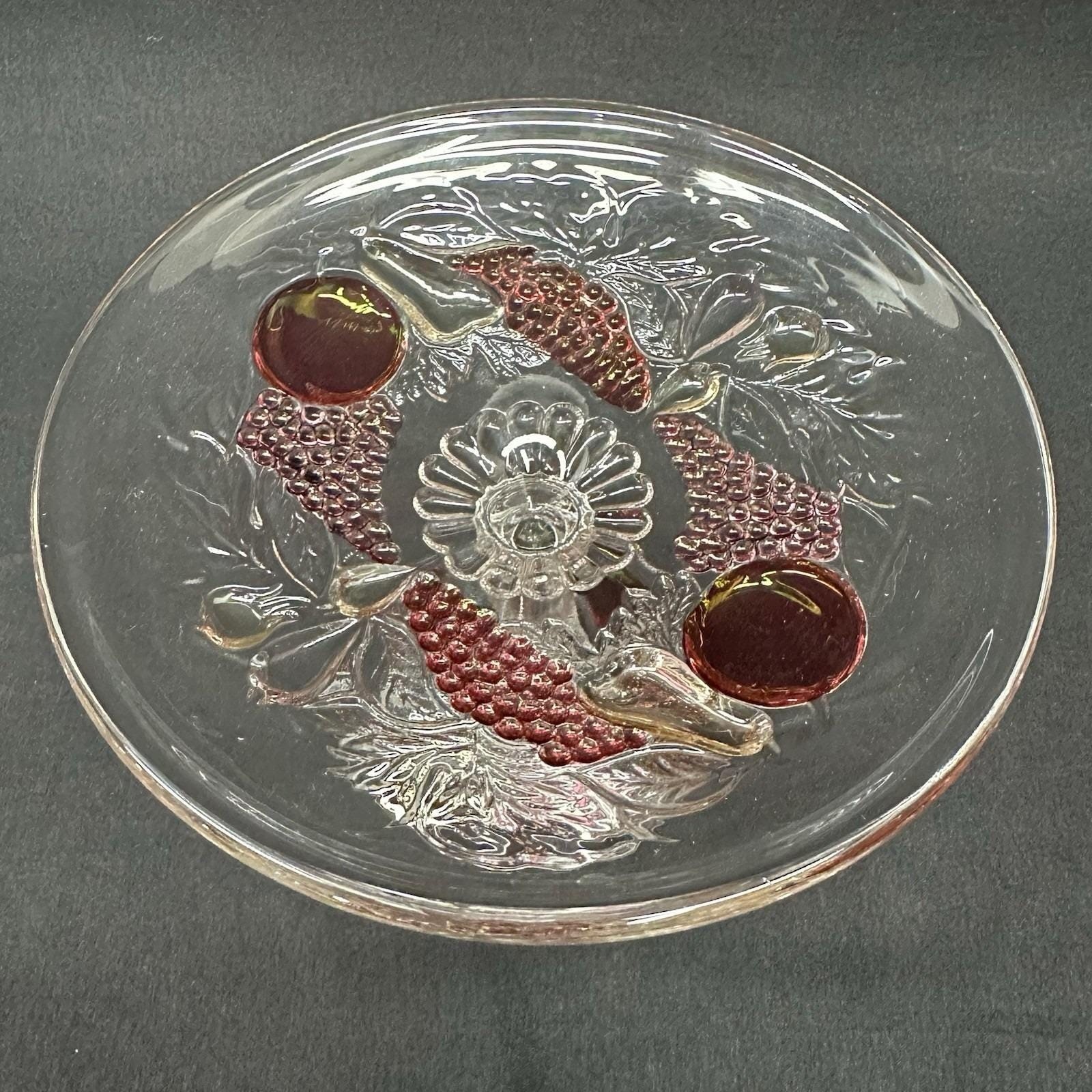 Westmoreland Della Robbia 6″ Ruby Flashed Glass Compote w/Embossed Fruit Vintage