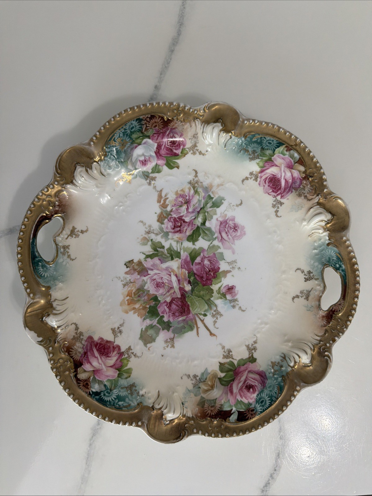 Antique RS Prussia RED MARK Handled Cake Plate – Pink Cabbage Roses Gold Gilt