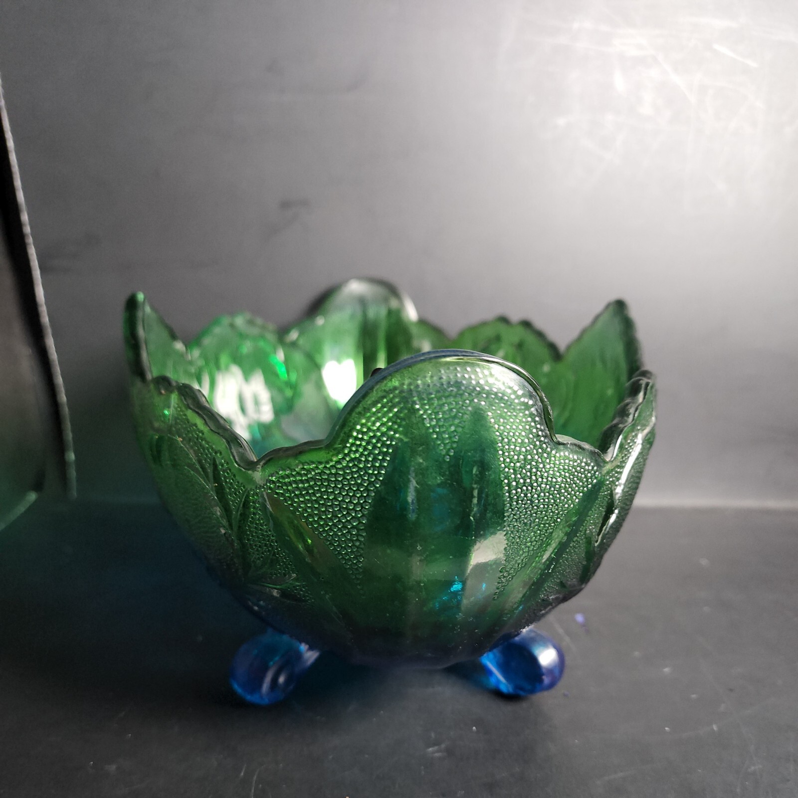 Vtg Jeanette Flashed Blue Green Lombardi Footed Fruit Bowl 10″ L x 5″ H x 7″ W