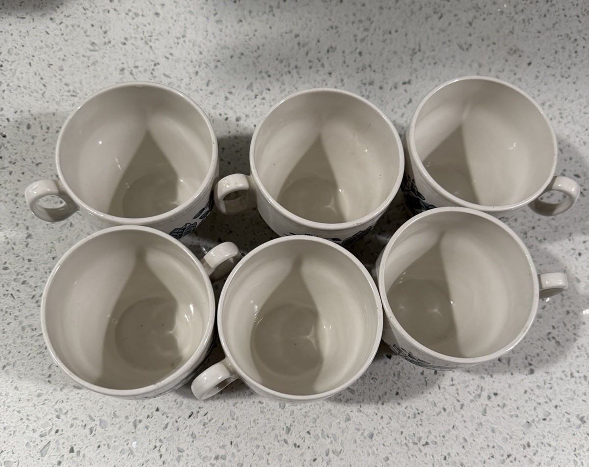Parker Brothers Ltd Offbeat Blue White Royal Tudor Tea Cups Stackable Set Of 6