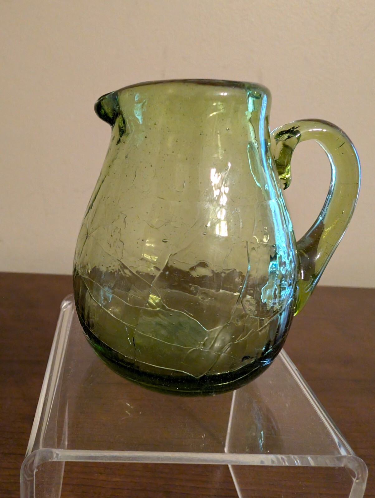 BLENKO Hand-Blown Crackle Glass Olive Green Mini Pitcher w Handle & Sharp Pontil
