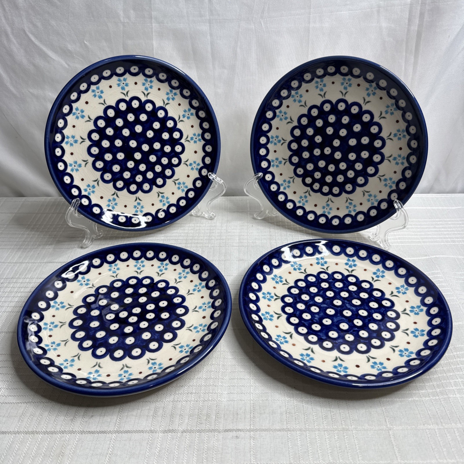 Boleslawiec Polish Pottery Salad/Dessert Plate Flowering Peacock 7.75″ SET OF 4