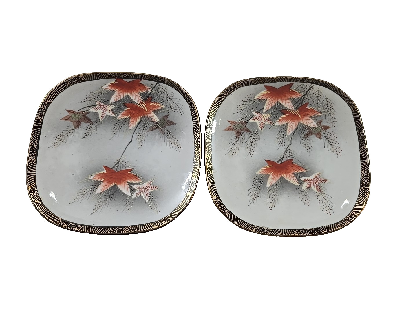 2 Vintage 5″ Square Plates w/ Wall Hangers Hand Painted Orange Leaves Gold Trim