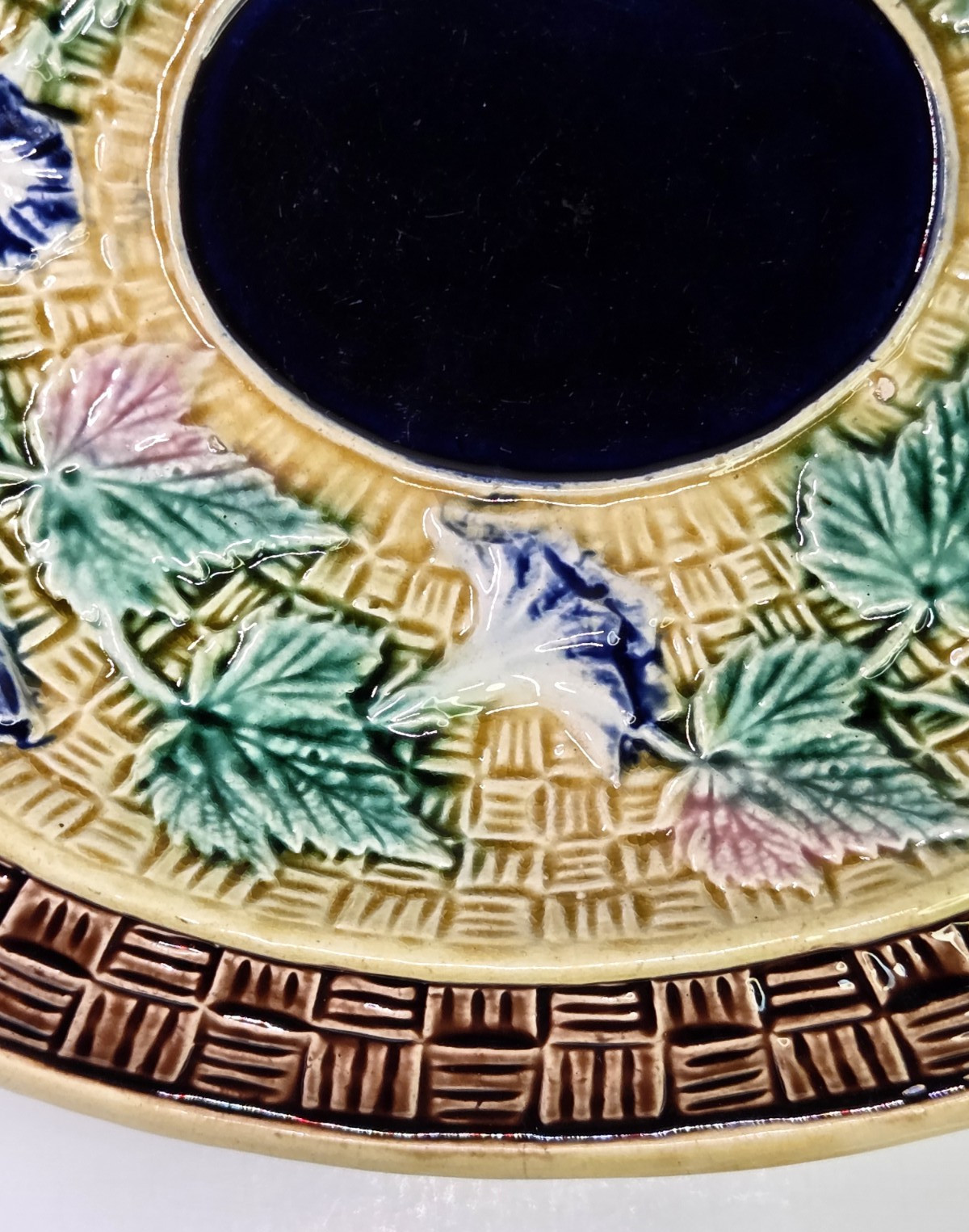 Antique Oval Majolica Basket Weave Footed Platter Floral Bread Bowl Cobalt 12¾”