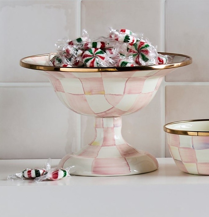 Mackenzie Childs Rosy Check pink compote bowl 10 oz. 7.5″ dia. 5″ T NEW in box!